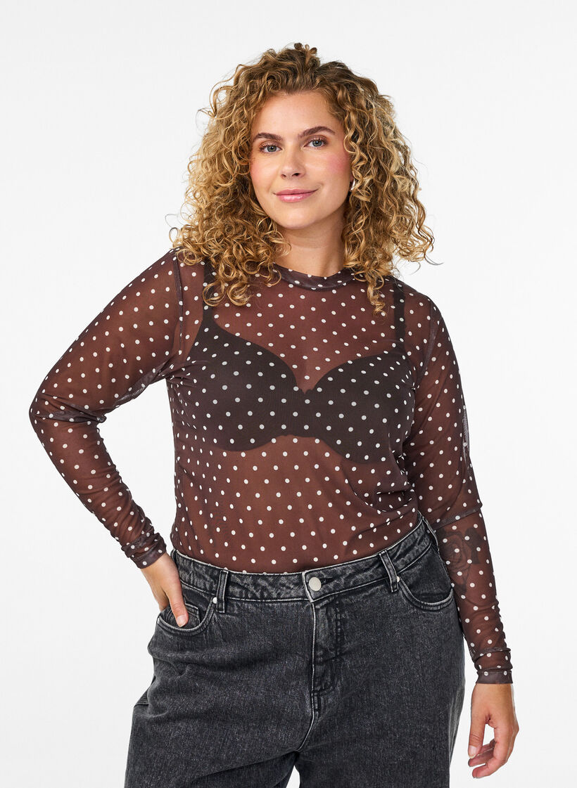 Bluzka z siateczki w kropki, Brązowy, Model image number 0