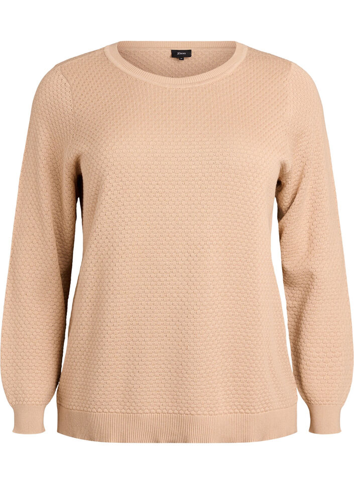 Bluzka dzianinowa z bawelny z fakturowanym wzorem, Beżowy, Packshot image number 0