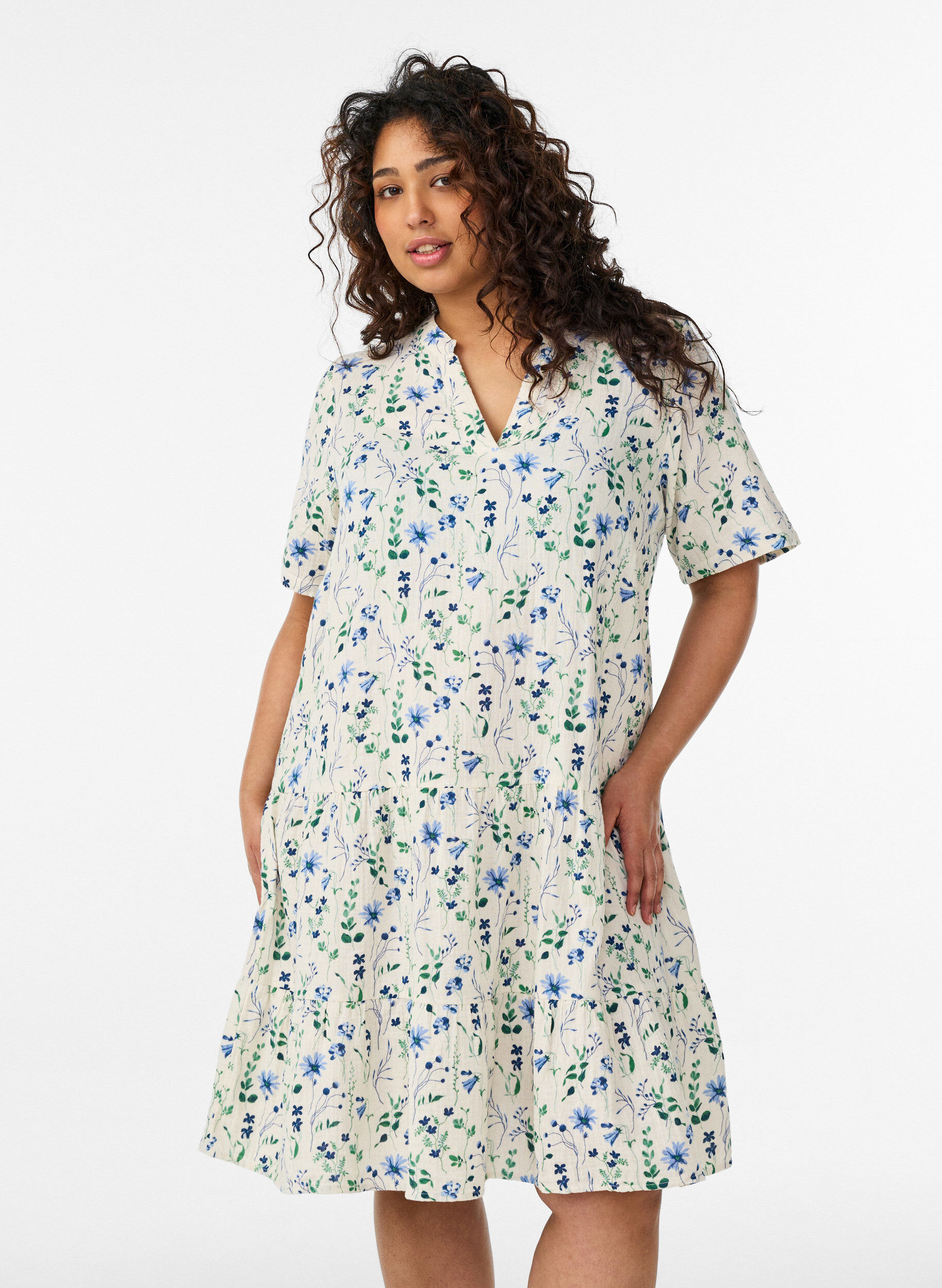 Zizzi Kr&oacute;tka sukienka o linii A z bawelnianego muslinu, Beżowy, Model image number 0