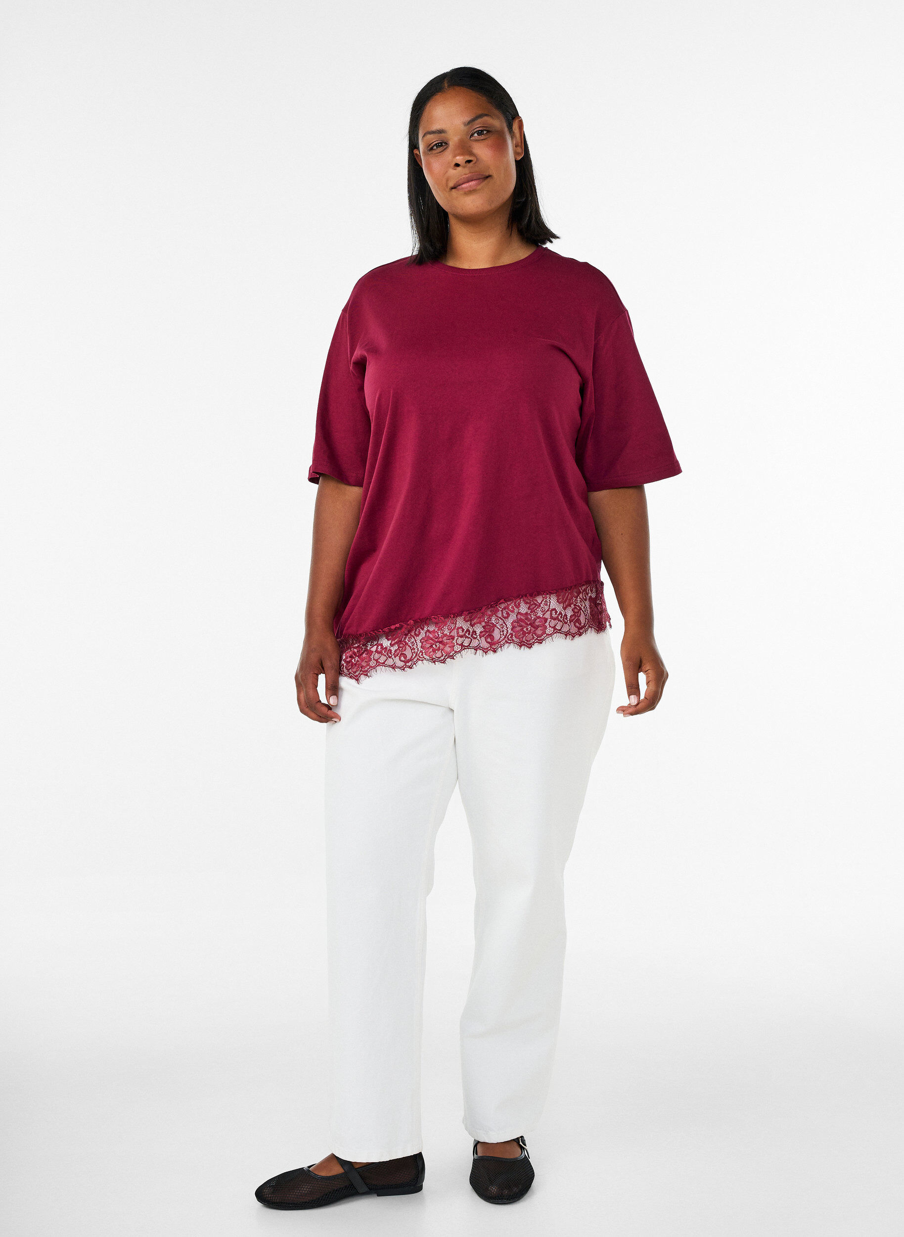 ZizziT-shirt z asymetrycznym koronkowym wykonczeniem, Czerwony, Model image number 1