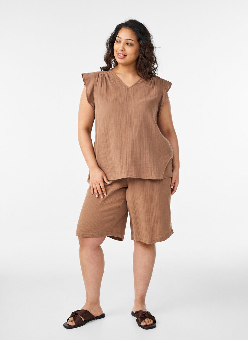 Luzne szorty z bawelnianej musliny z wysoka talia, Brązowy, Model image number 1