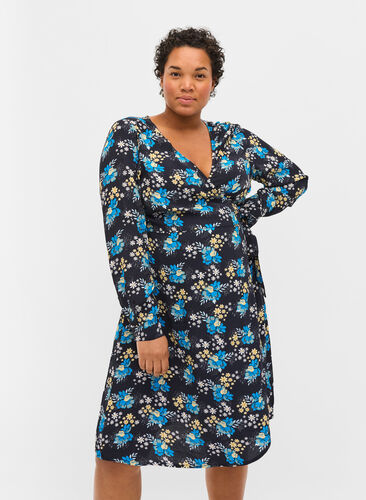 Kopertowa sukienka ciazowa z wiskozy w kwiaty, Blue Flower AOP, Model image number 0