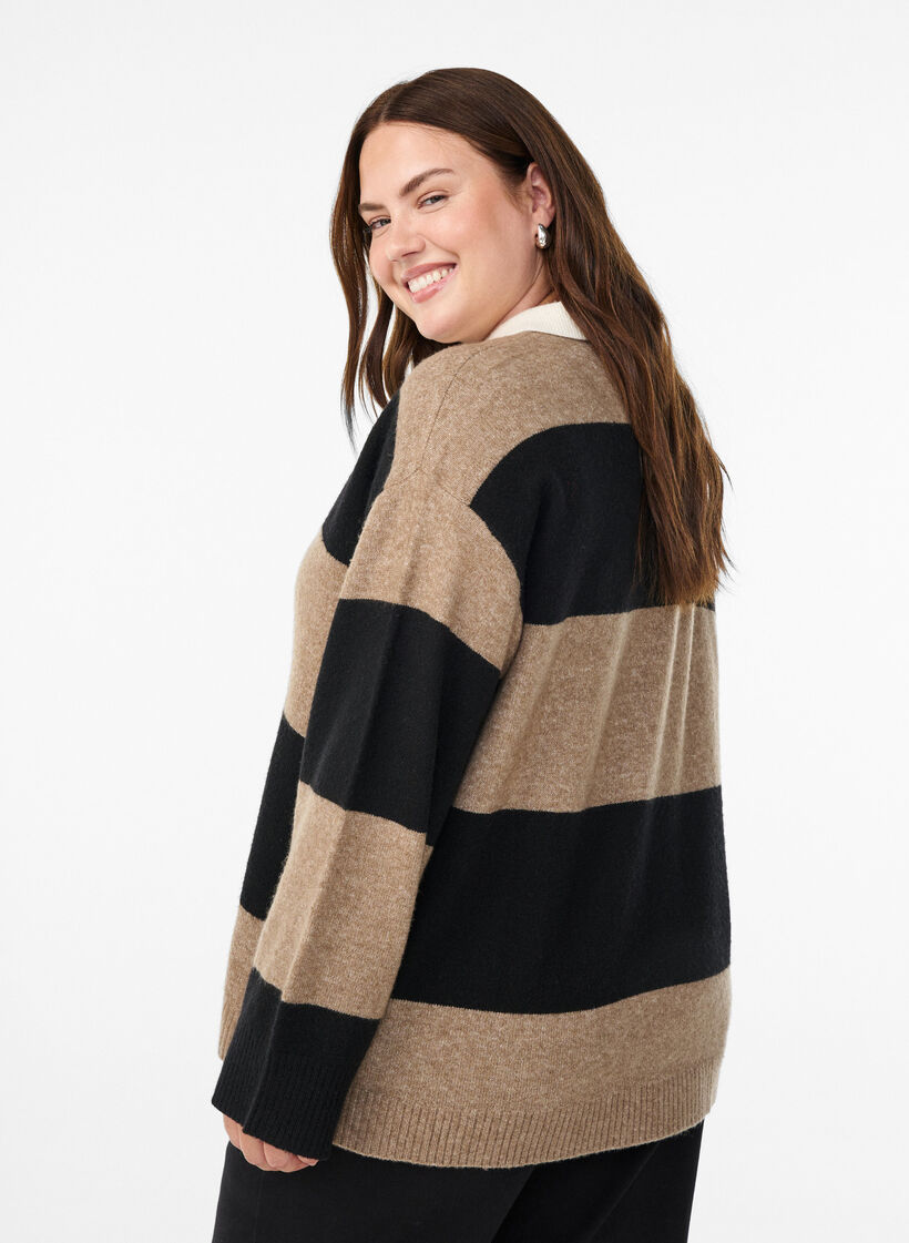 Dzianinowa bluzka z kolnierzykiem i dekoltem w ksztalcie litery V, Czarne, Model image number 2