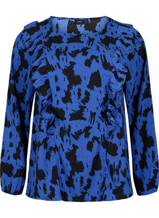 Bluzka z dlugim rekawem i marszczeniami, Black Blue AOP, Packshot image number 0