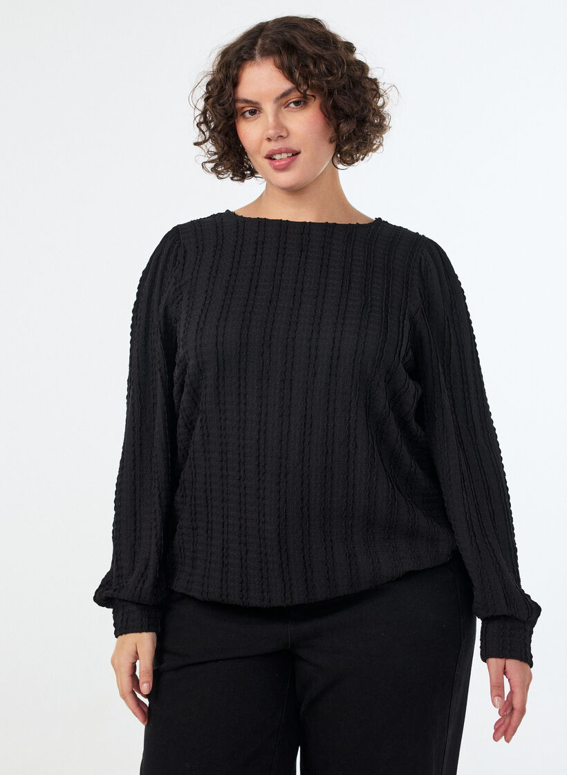 Bluzka z fakturowanego jerseyu o fasonie balonowym, Czarne, Model image number 0