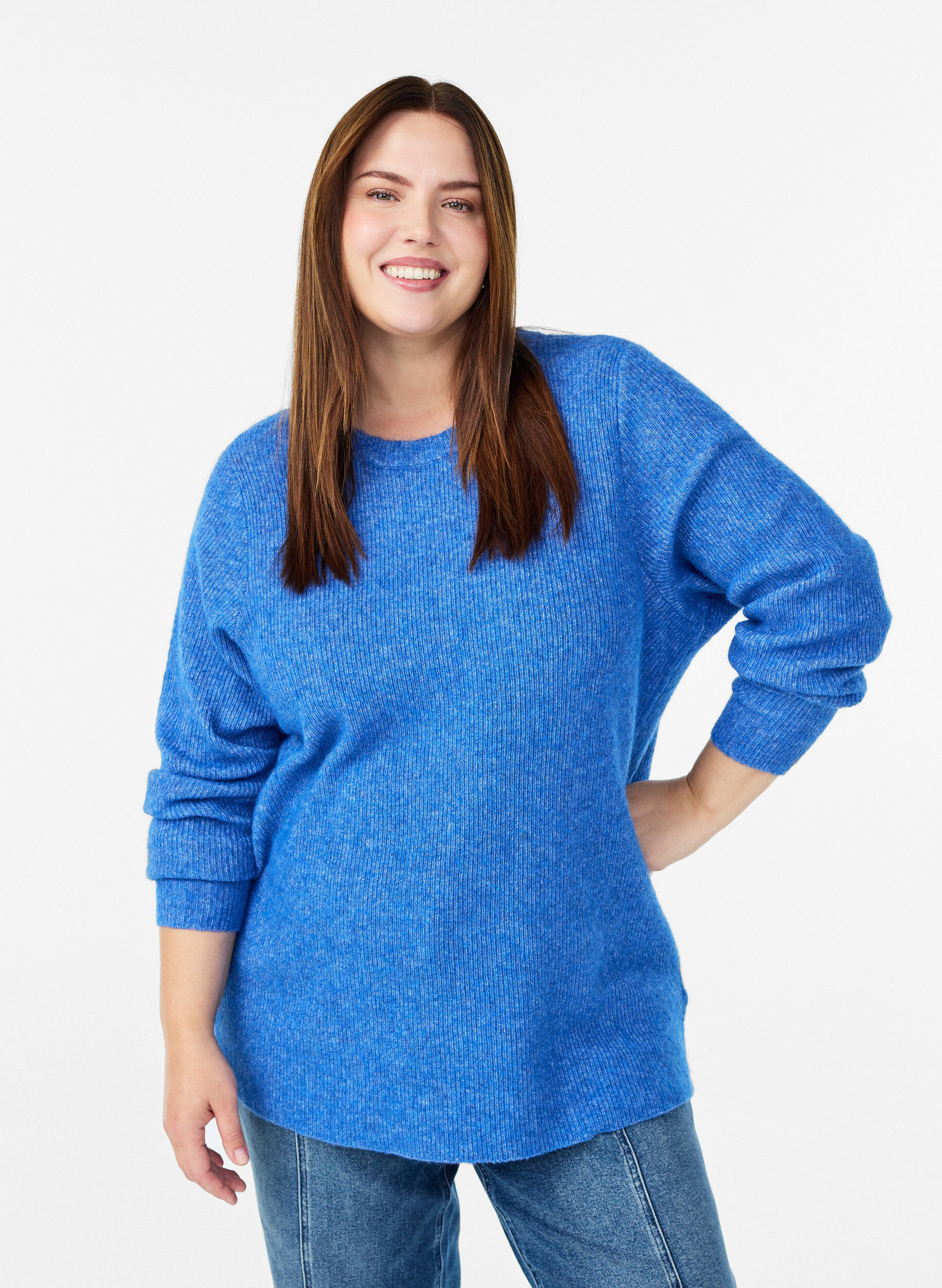 Melanzowa dzianinowa bluzka z okraglym dekoltem, Niebieskie, Model