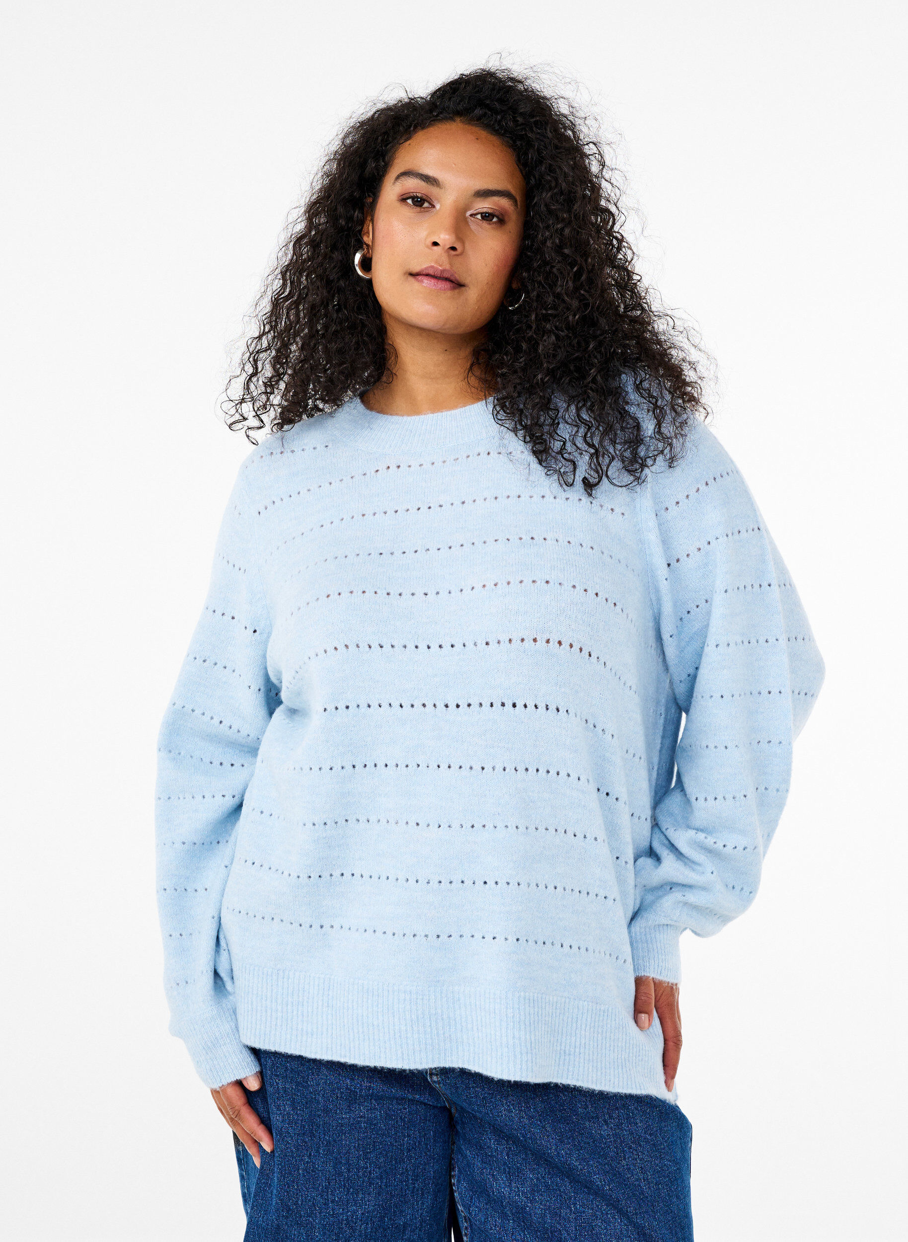 Zizzi Dzianinowa bluzka z okraglym dekoltem i koronkowym wzorem, Cashmere Blue Mel., Model image number 0