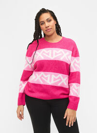 Dzianinowy sweter w paski z graficznym wzorem, Raspberry Rose Comb, Model