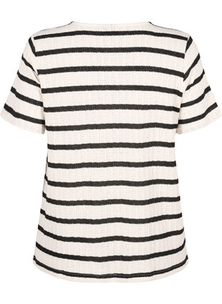Bluzka z krótkim rekawem w paski w kontrastowych kolorach, Sand Black Stripe, Packshot image number 1