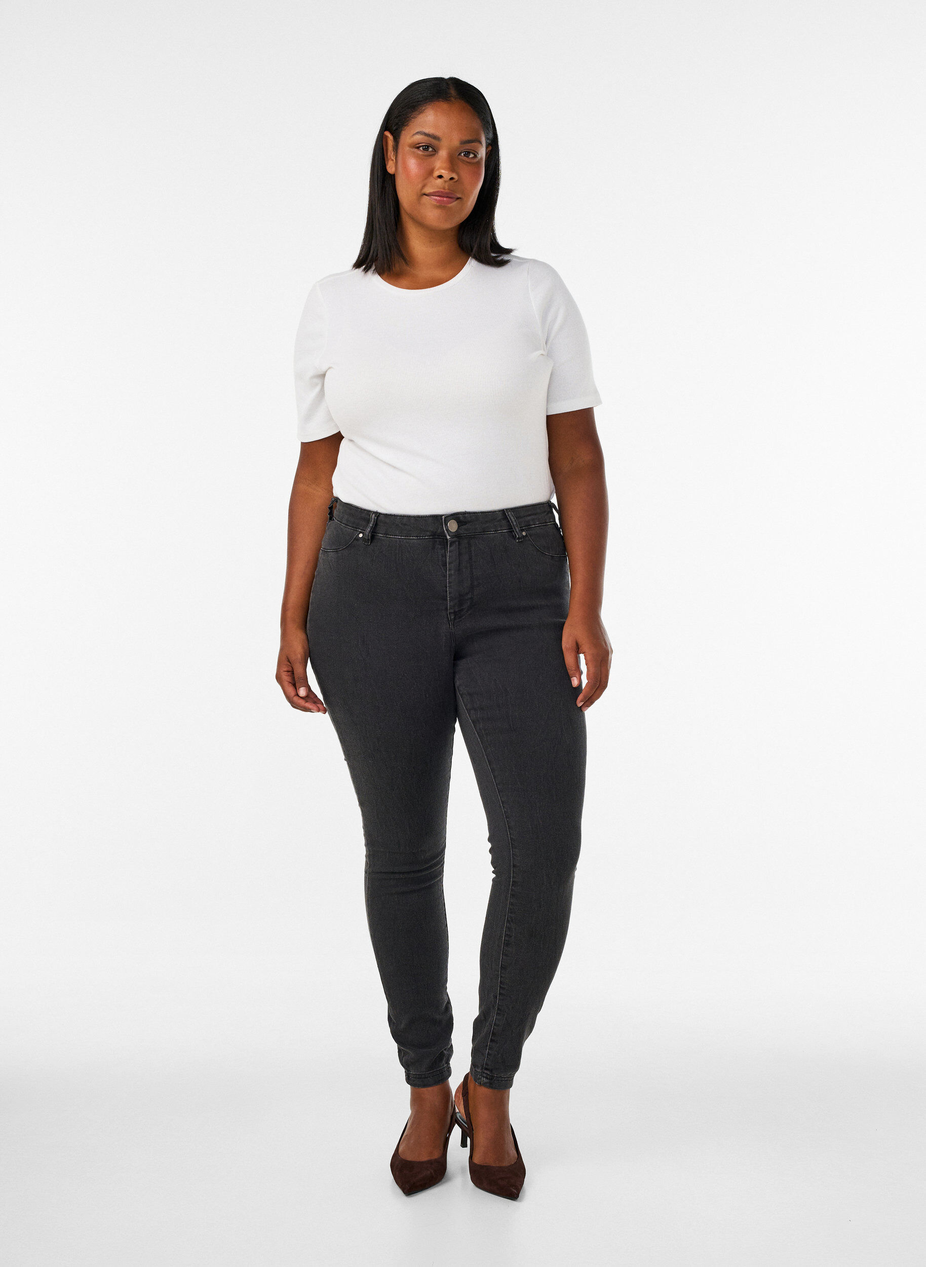 Jegginsy z mieszanki bawelny, Grey Denim, Model