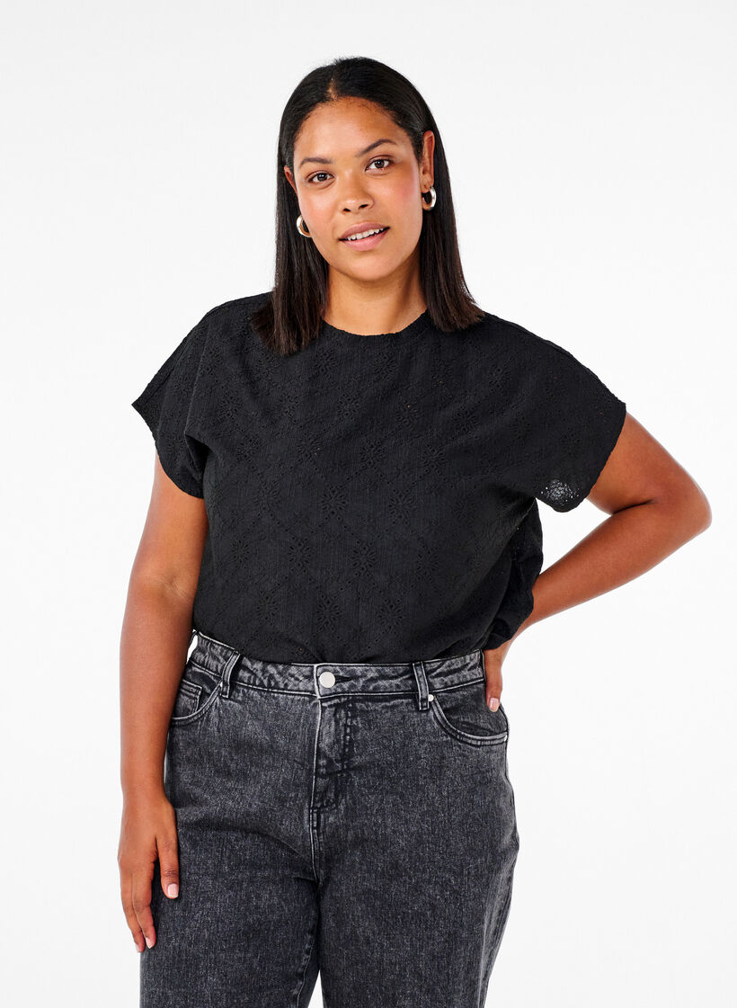 Bluzka z krótkimi rekawami i kwiatowym haftem, Black, Model image number 0