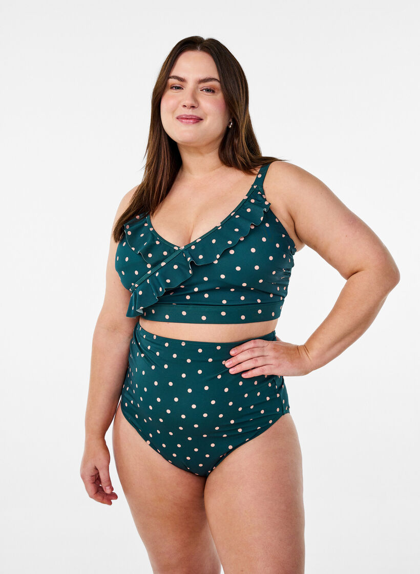 G&oacute;ra od bikini w kropki i z falbankami, Zielony, Image image number 0