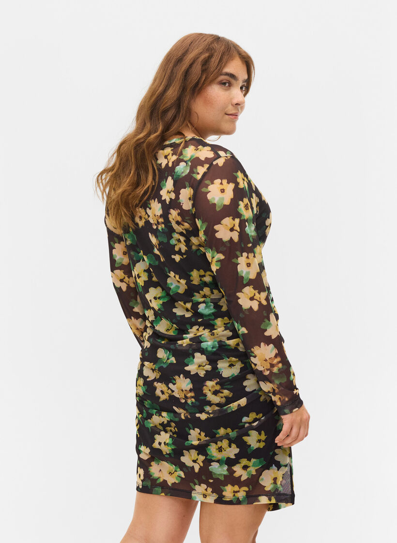 Close-fitting mesh dress with 3/4 sleeves, Yellow Green AOP, Model image number 1