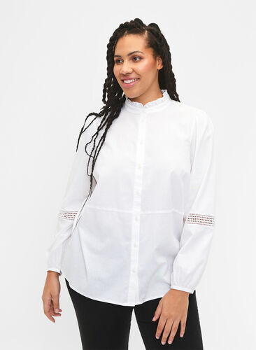 Bluzka koszulowa z kolnierzykiem z falbanami i szydelkowym paskiem, Bright White, Model image number 0