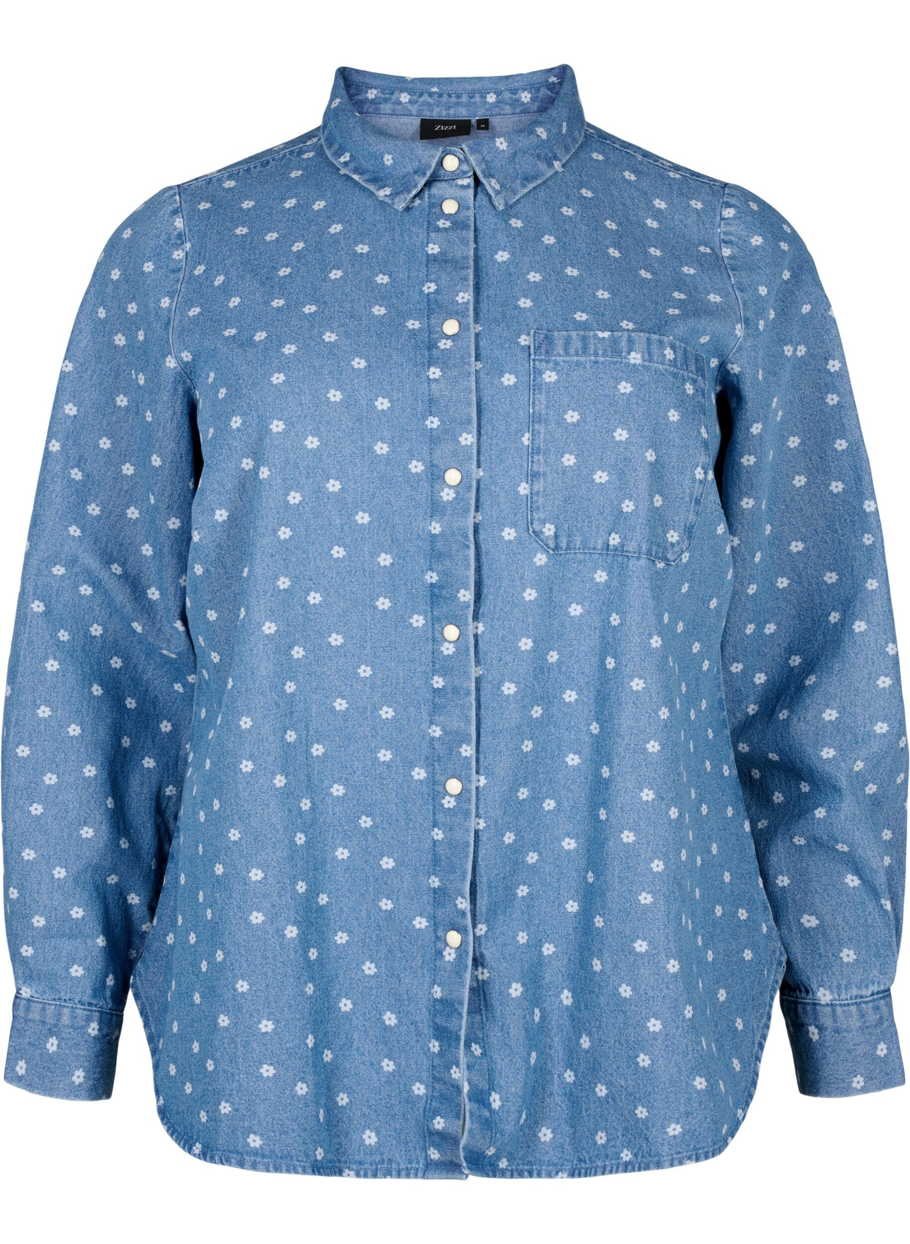 Zizzi Jeansowa koszula w kwiaty z kieszenia na piersi, Light Blue w.Flowers, Packshot image number 0