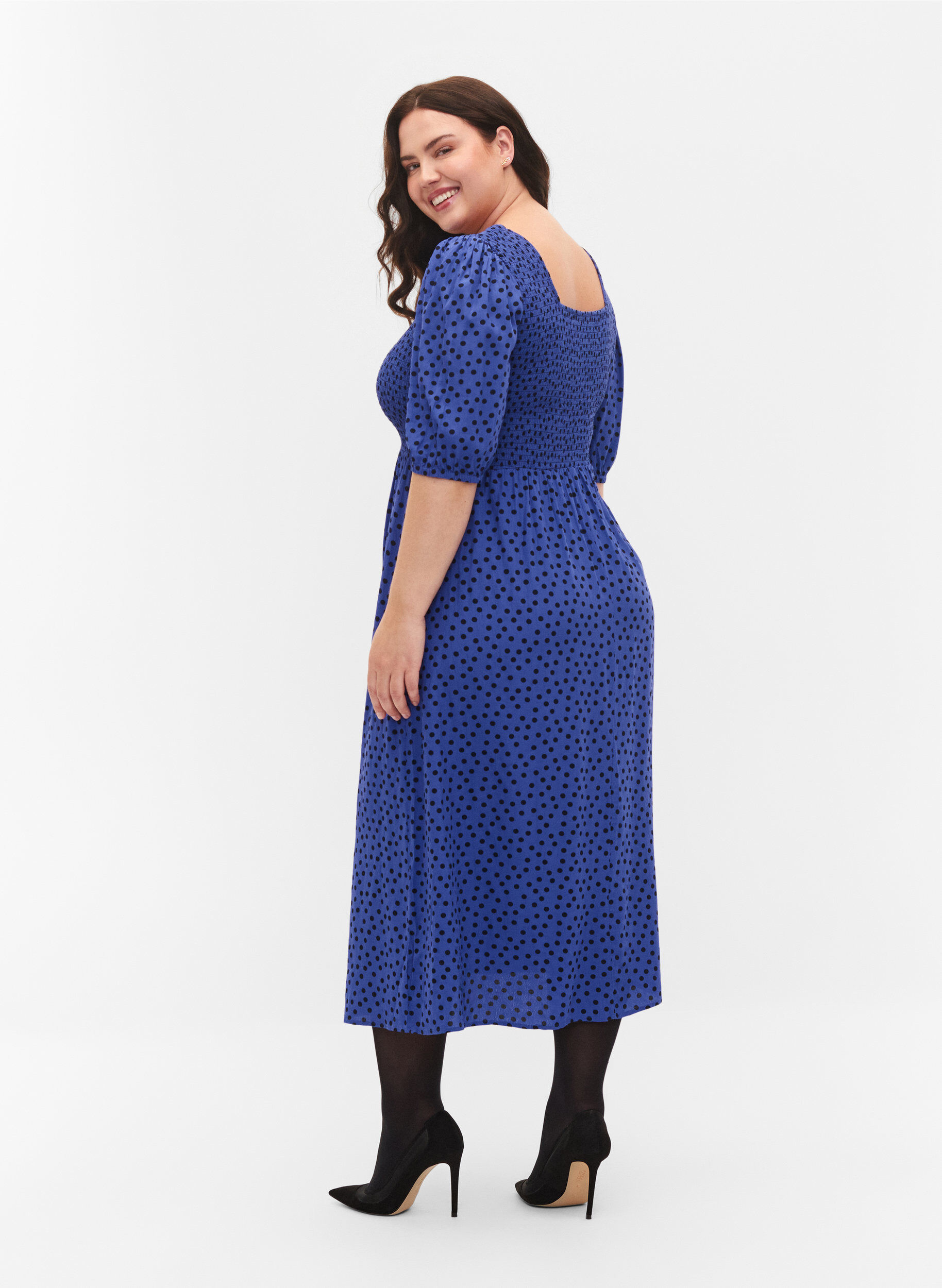 Zizzi Polka dotted viscose dress with smock, R.Blue w. Black Dot, Model image number 1