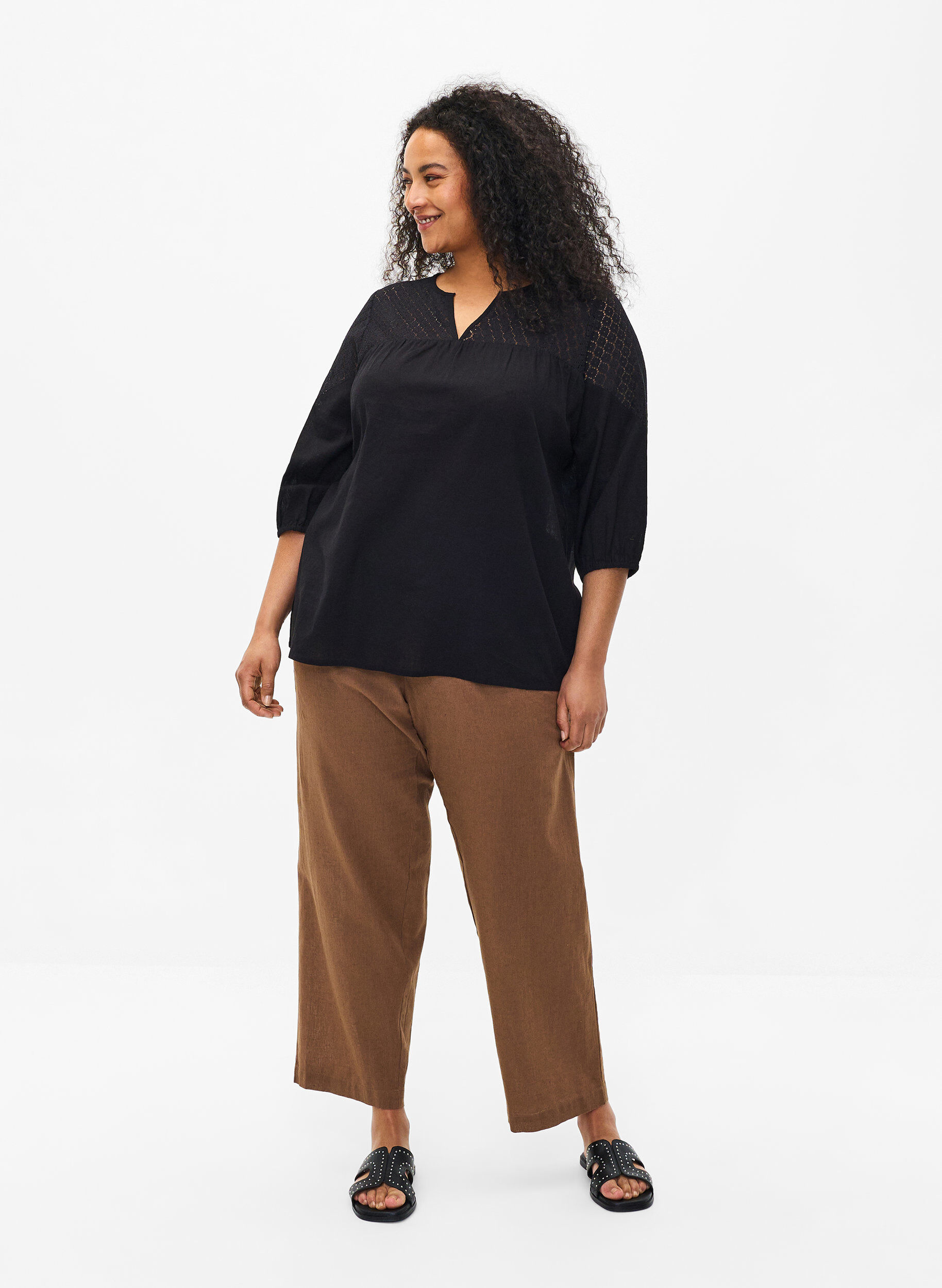 Zizzi Bluzka z mieszanki bawelny z lnem i szydelkowymi detalami, Black, Model image number 2