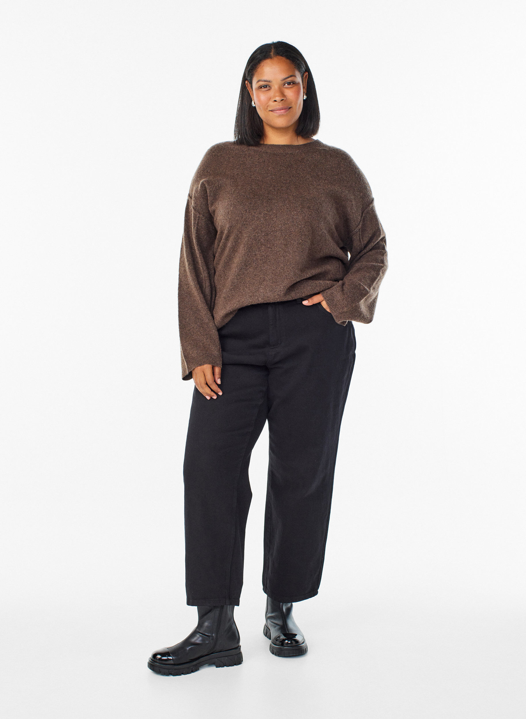 ZizziLuzny dzianinowy sweter z widocznymi szwami, Brązowy, Model image number 1
