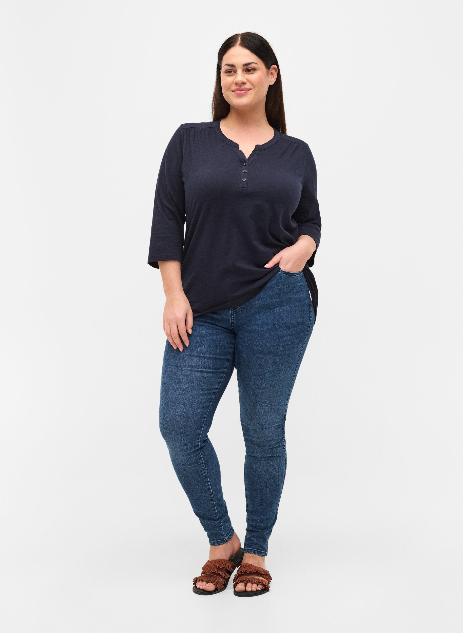 Zizzi Cotton blouse with 3/4 sleeves, Night Sky, Model image number 2