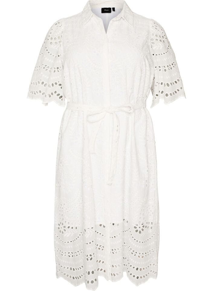 Sukienka-koszulka w stylu broderie anglaise z pasem do wiazania, Biały, Packshot image number 0