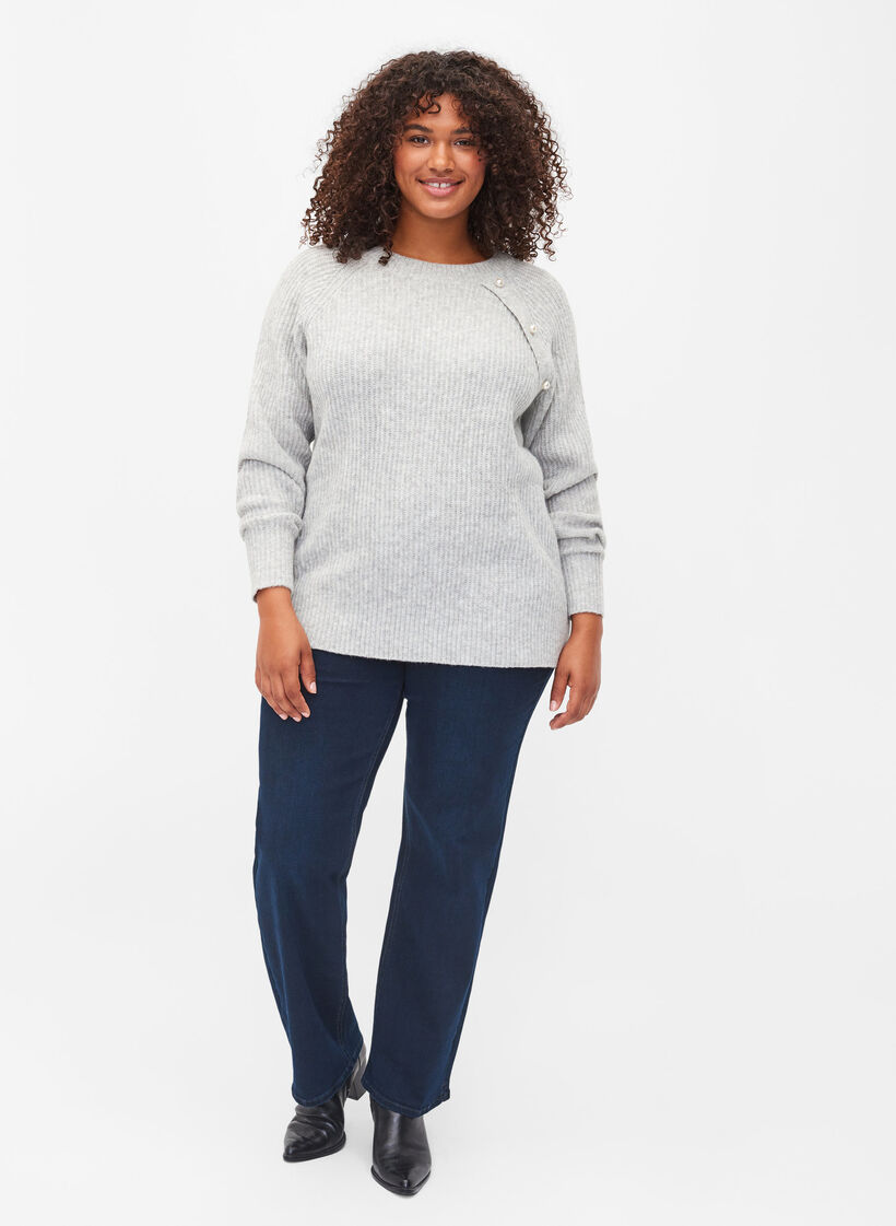 Melange knit sweater with pearl buttons, Light Grey Melange, Model image number 3