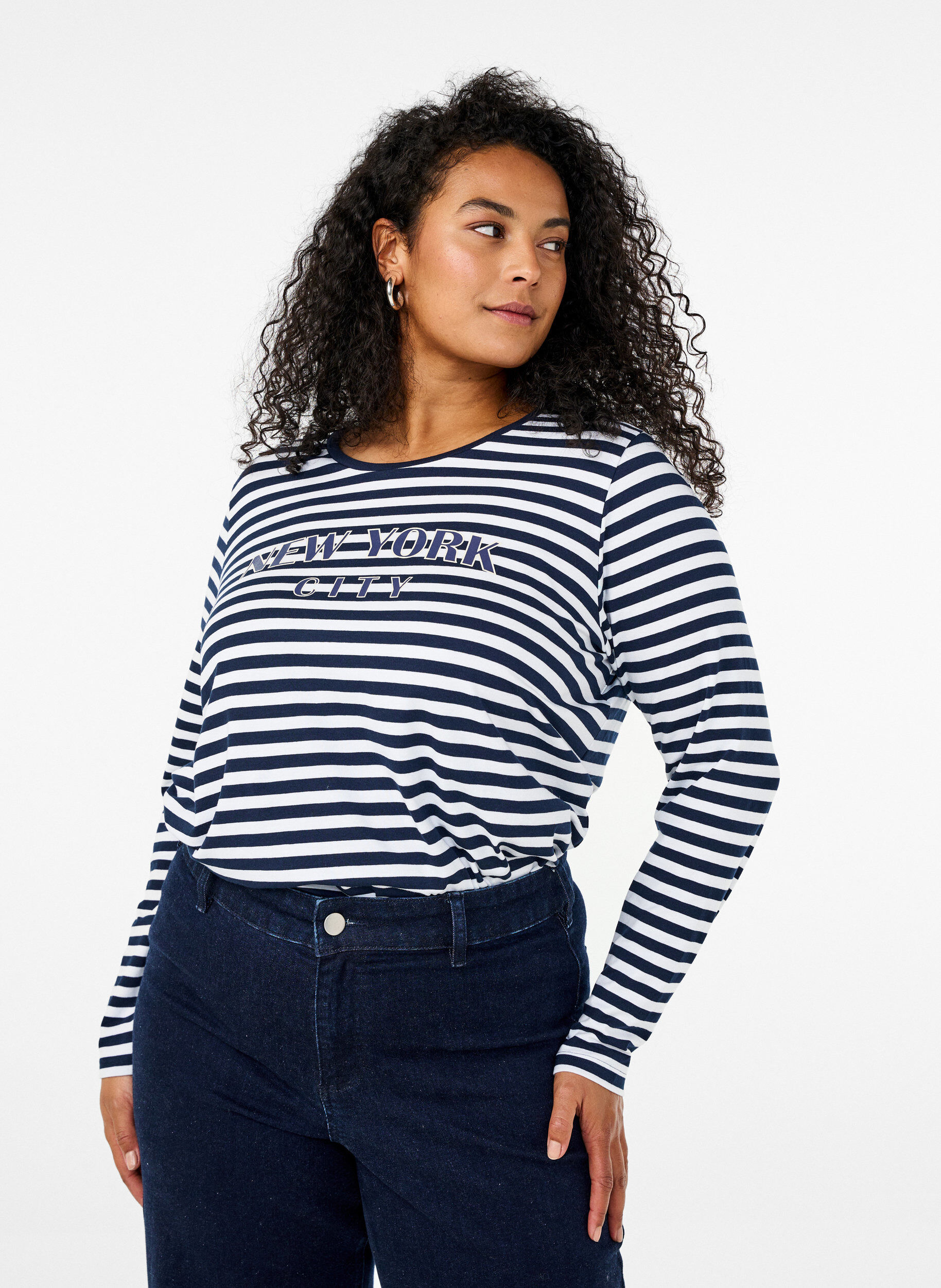 Zizzi Bluzka w paski z motywem, White w.Navy Stripe, Model image number 0