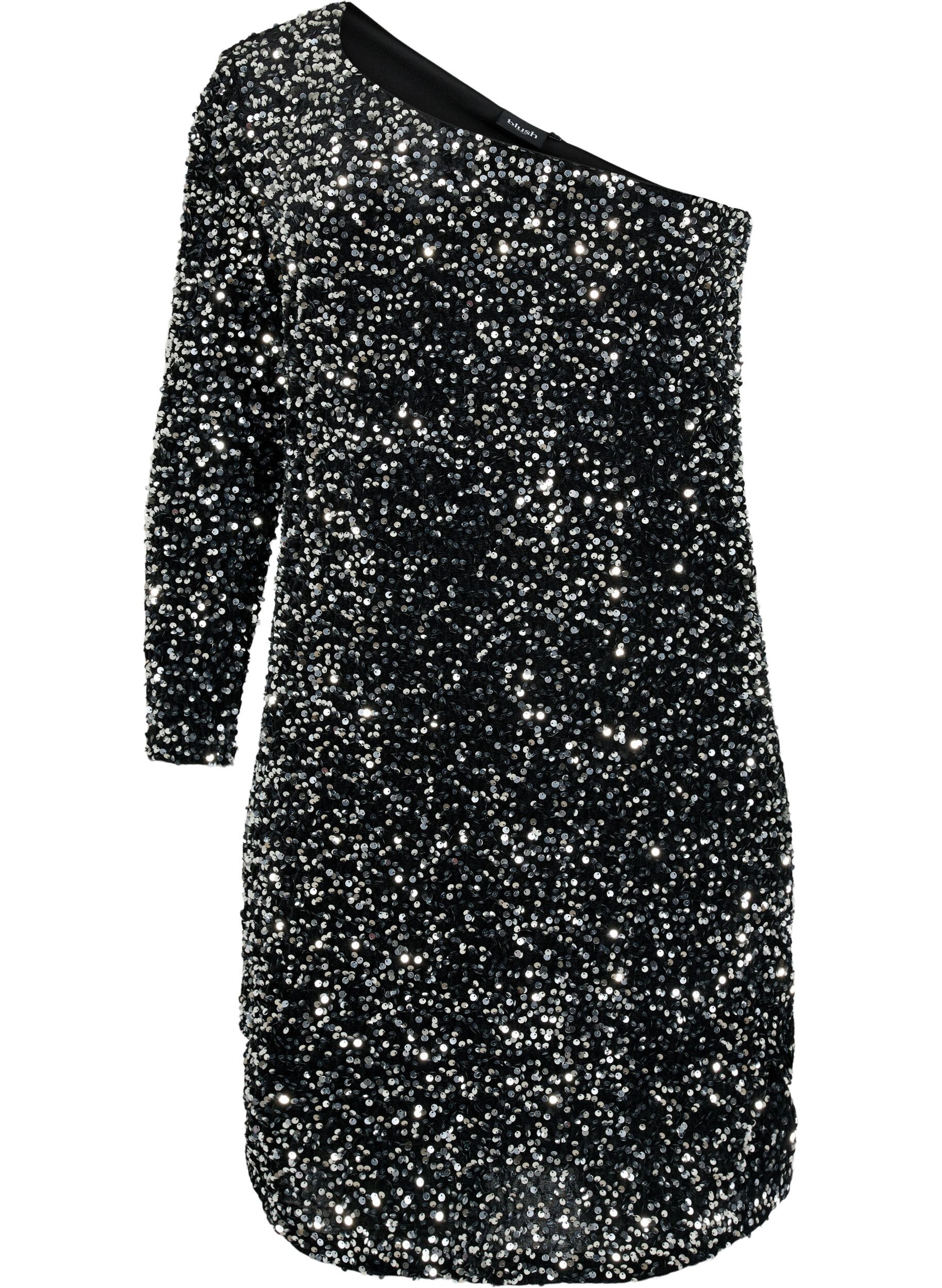 Zizzi Kr&oacute;tka sukienka na jedno ramie z cekinami, Black/Silver Sequins, Packshot image number 0