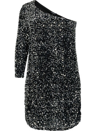 Krótka sukienka na jedno ramie z cekinami, Black/Silver Sequins, Packshot image number 0