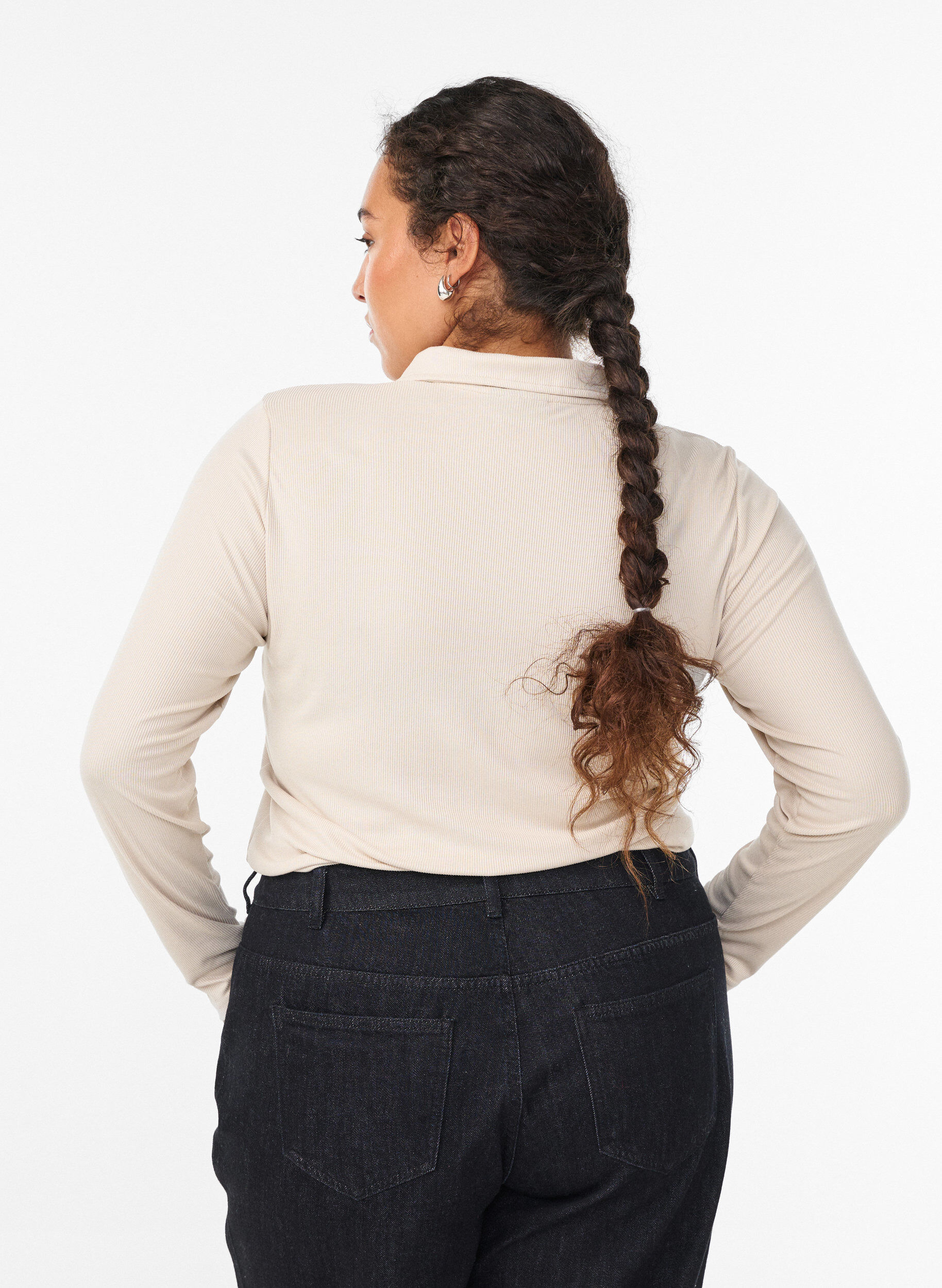 Zizzi Koszula polo z miekkiej, prazkowanej dzianiny z dlugim rekawem, Beżowy, Model image number 2