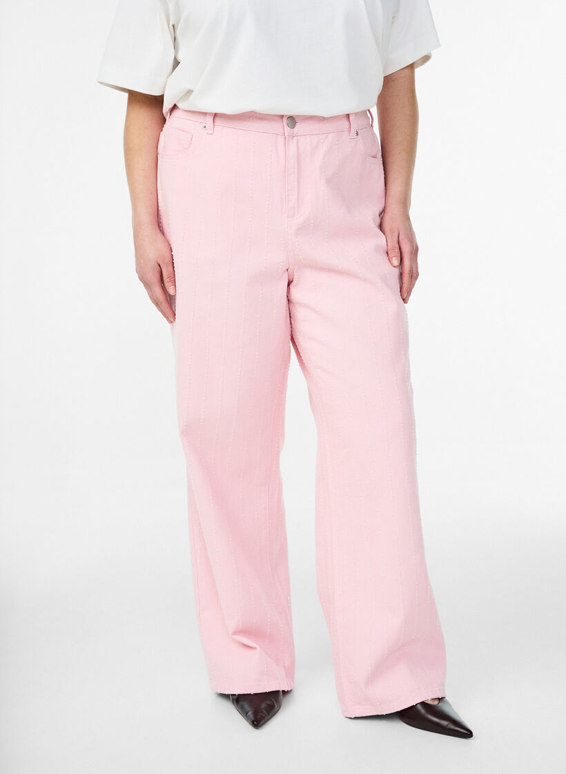 Jeansy Myra z kolorowego denimu, o szerokim kroju i fakturowanym wzorze, R&oacute;żowy, Model image number 2