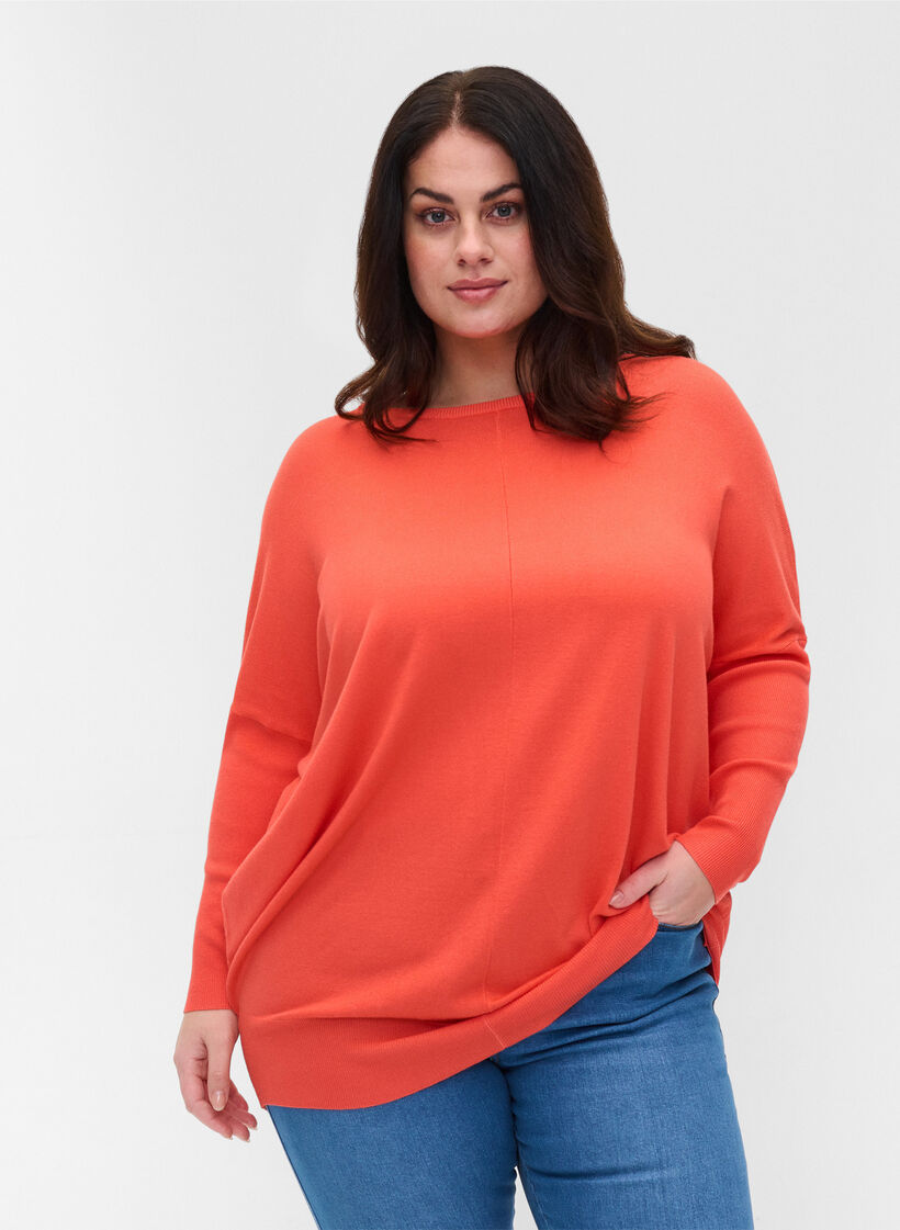 Dzianinowy sweter z&nbsp;okraglym dekoltem, Living Coral, Model image number 0