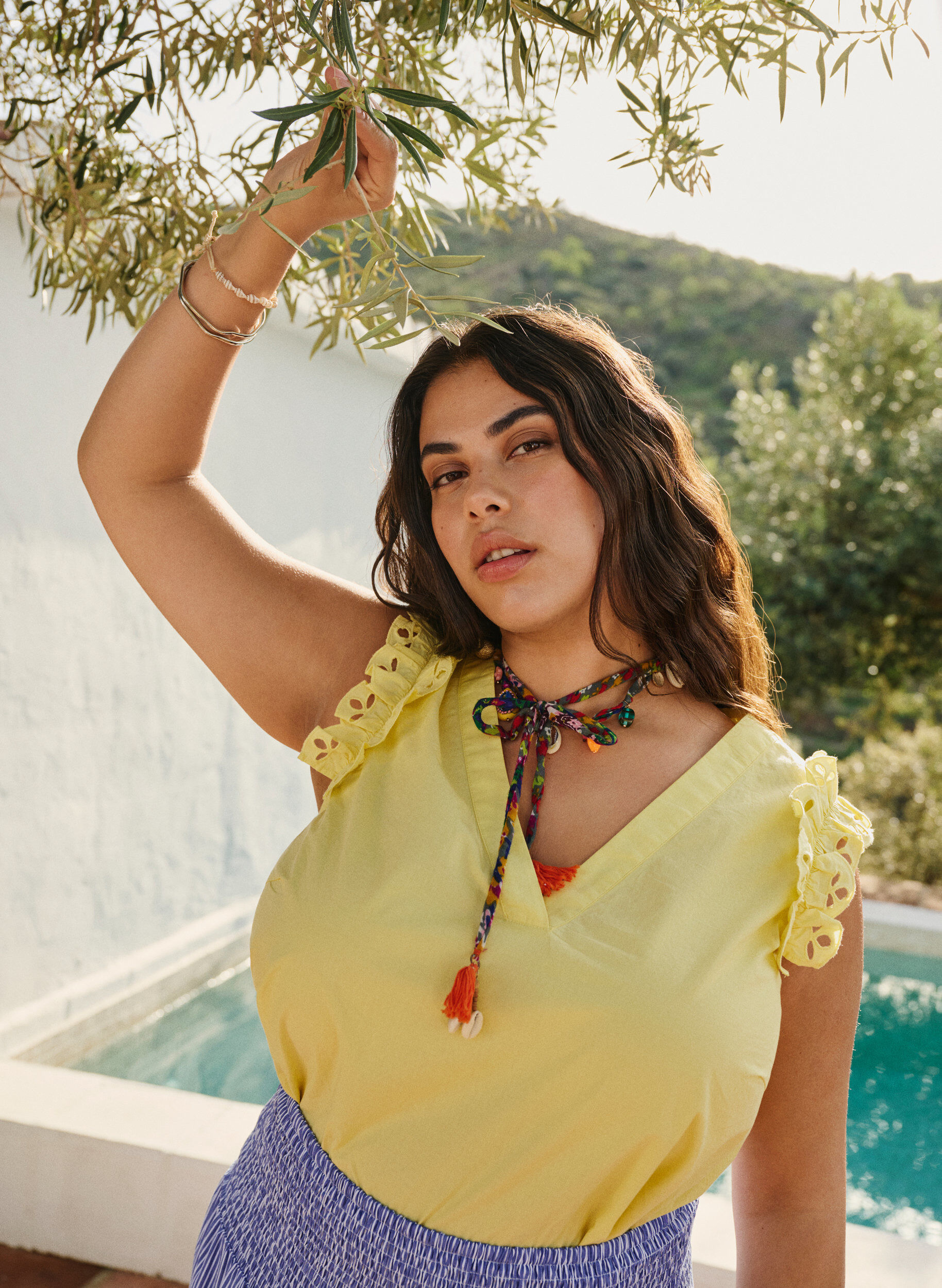 Zizzi Bawelniany top bez rekaw&oacute;w z falbankami, Ż&oacute;łty, Image image number 0