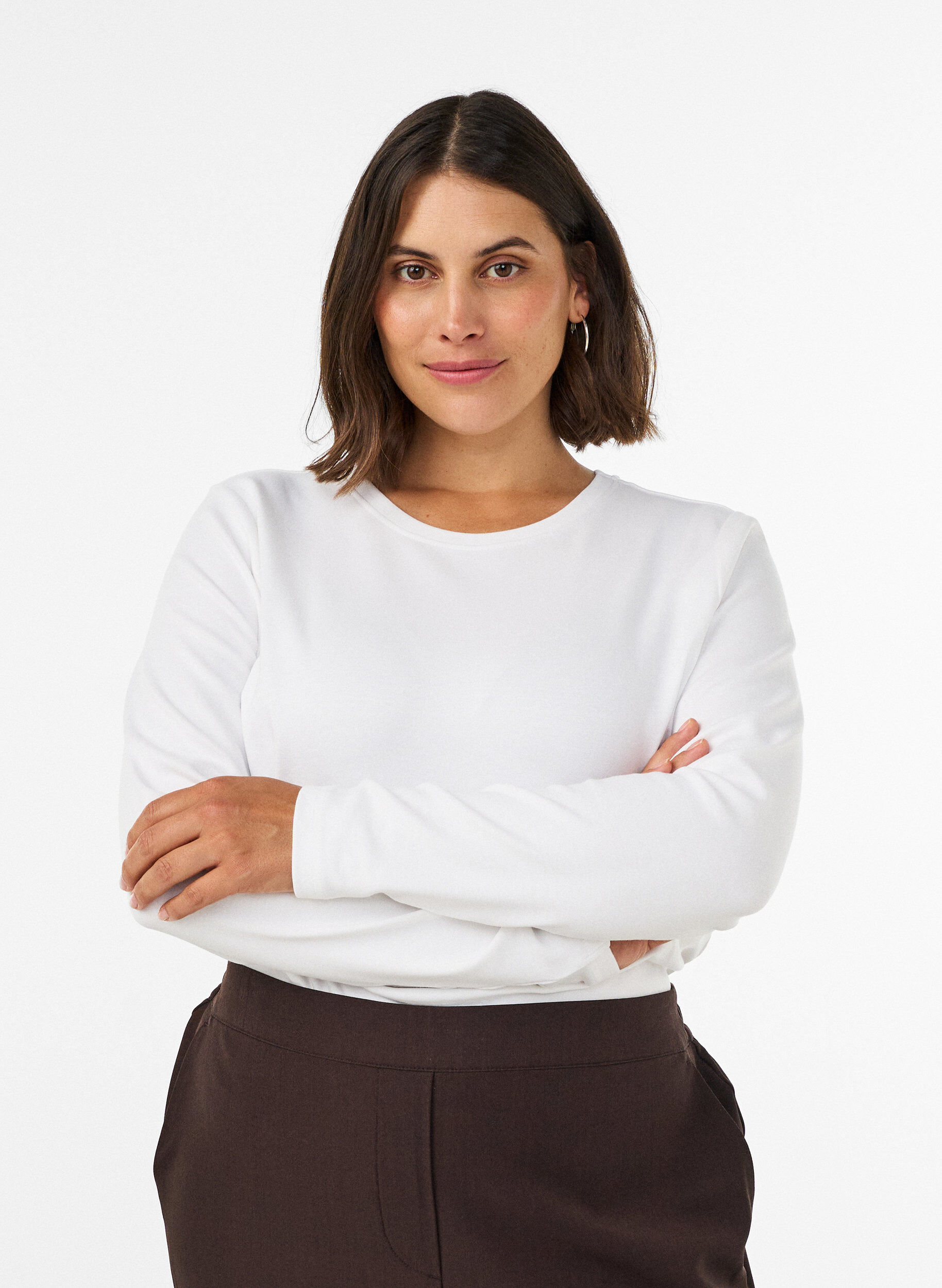 ZizziBasicowy T-shirt z dlugim rekawem i okraglym dekoltem, Biały, Model image number 0