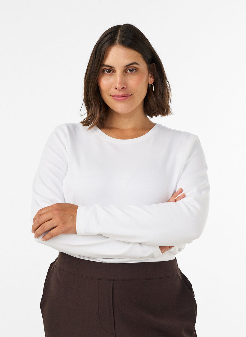 Basicowy T-shirt z dlugim rekawem i okraglym dekoltem, Biały, Model image number 0