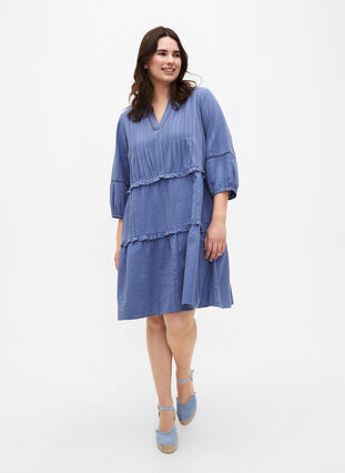 Bawelniana sukienka z rekawem 3/4 i marszczeniami, Moonlight Blue, Model image number 2