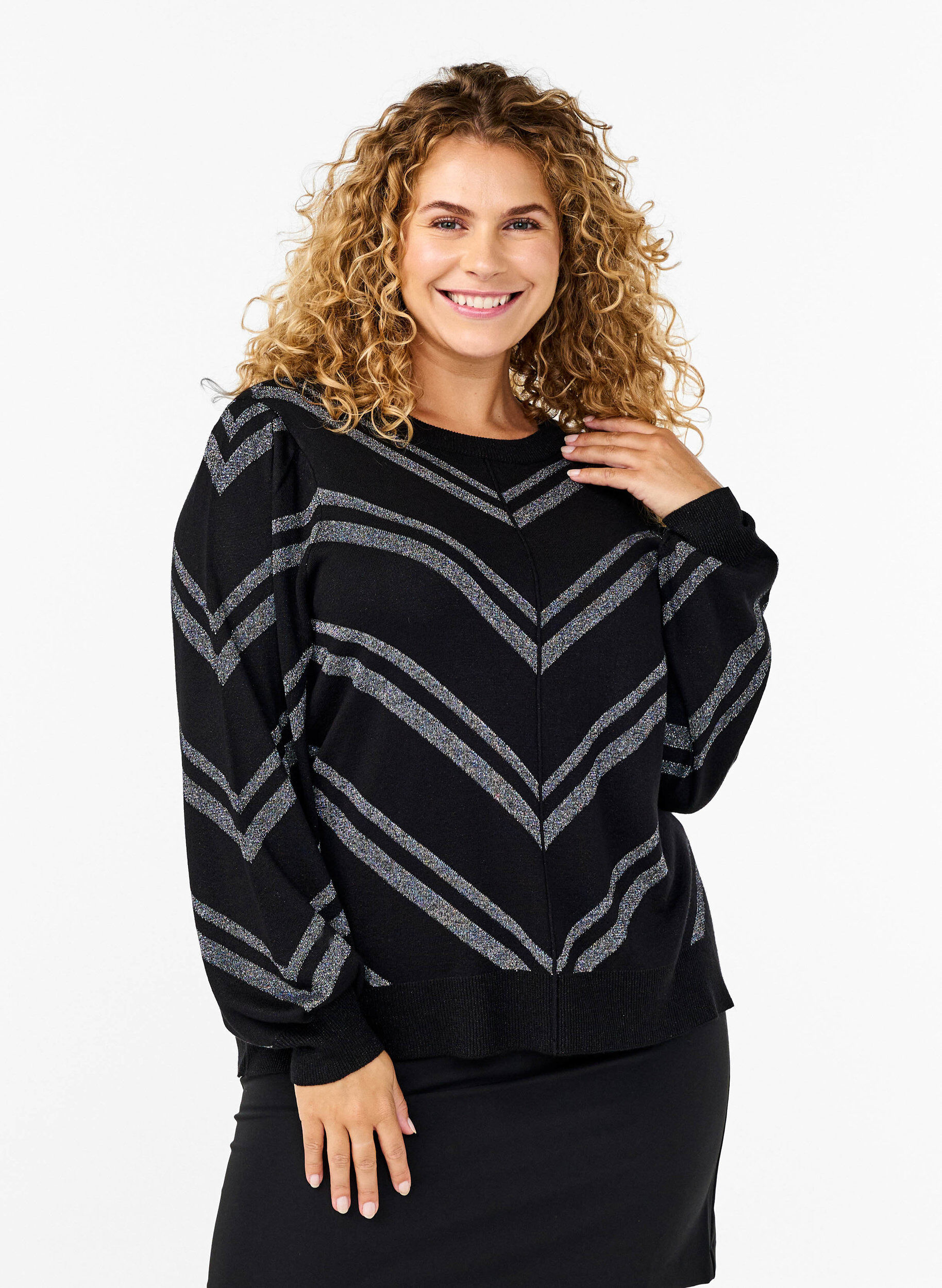 Zizzi Blyszczacy, dzianinowy sweter z okraglym dekoltem, Black w.S.L.Stripes, Model image number 0