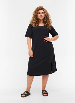 Short-sleeved dress in a ribbed fabric , Black, Model image number 2