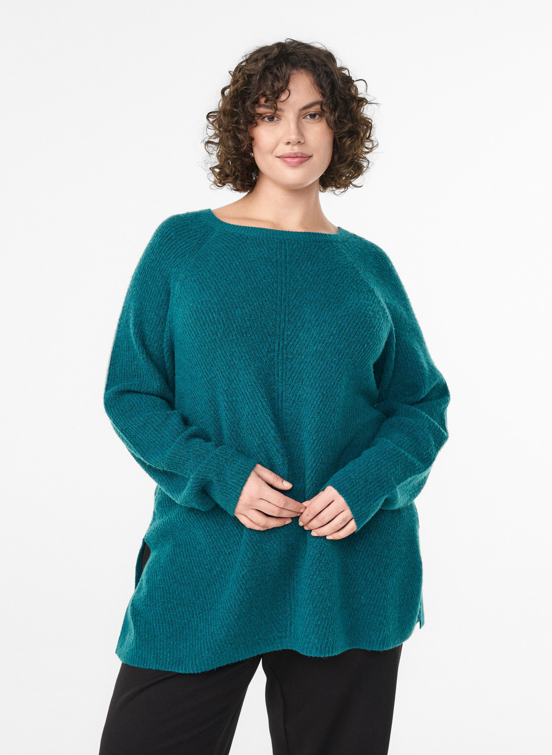 Sweter z dzianiny z ukosnym wzorem i rekawami raglanowymi, Zielony, Model
