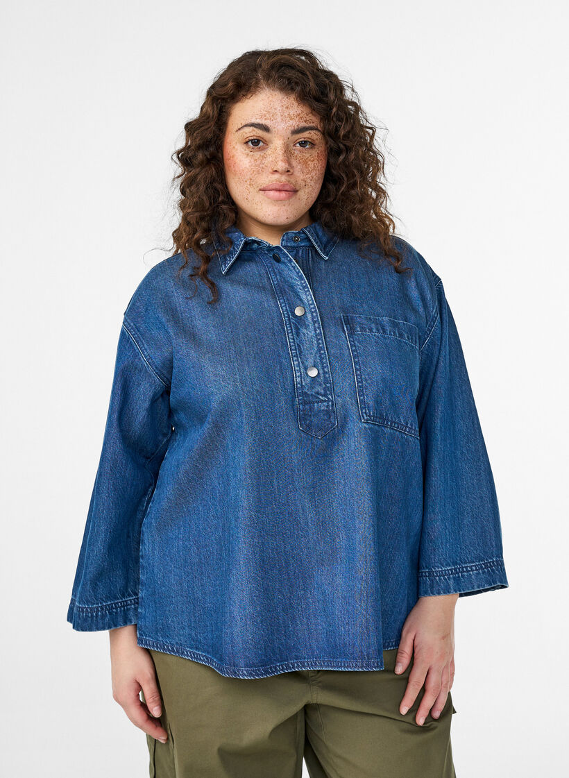 Luzna koszula z denimu z 3/4-sleeves, Niebieskie, Model image number 0