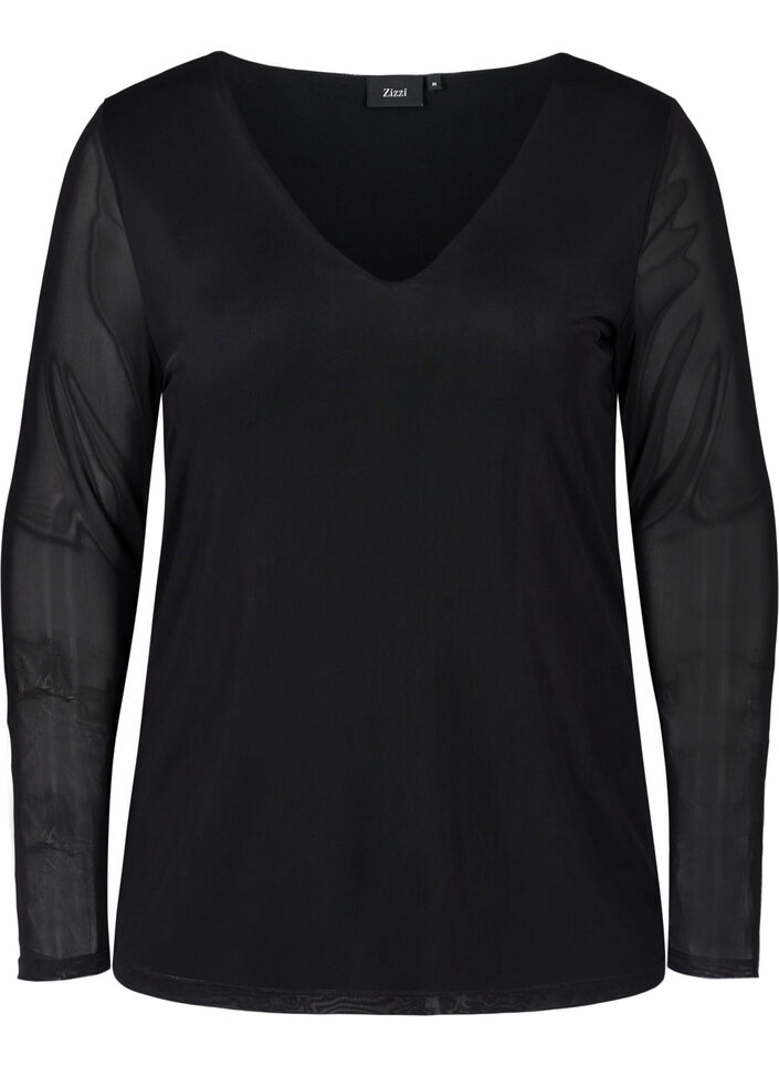 Close-fitting mesh top with v-neck, Black, Packshot image number 0