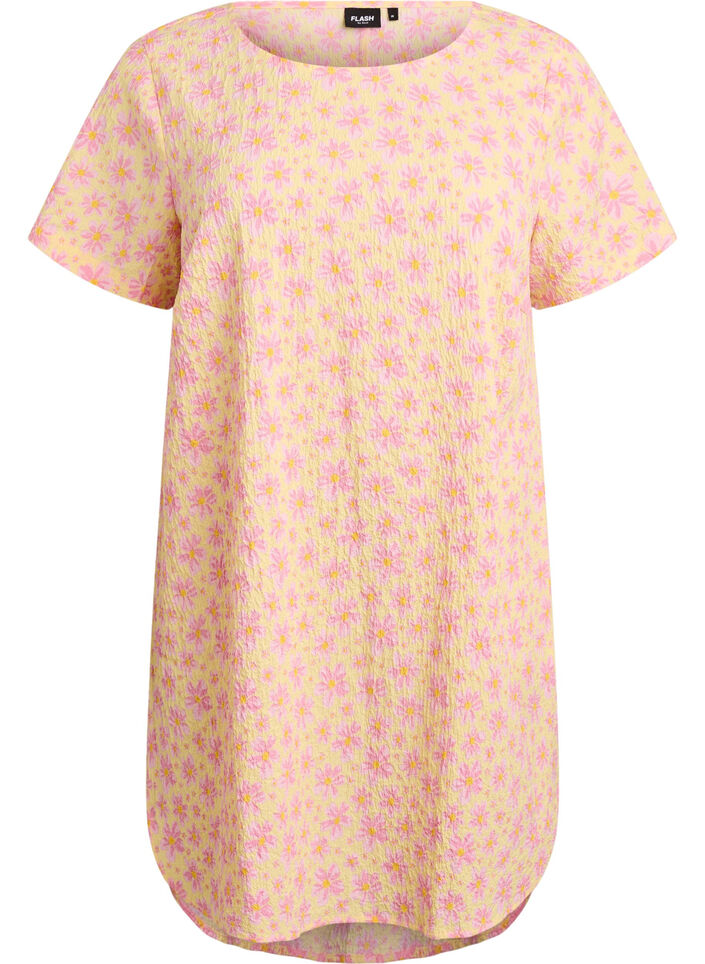 Kr&oacute;tka sukienka o marszczonej fakturze z kr&oacute;tkimi rekawami, Ż&oacute;łty, Packshot image number 0