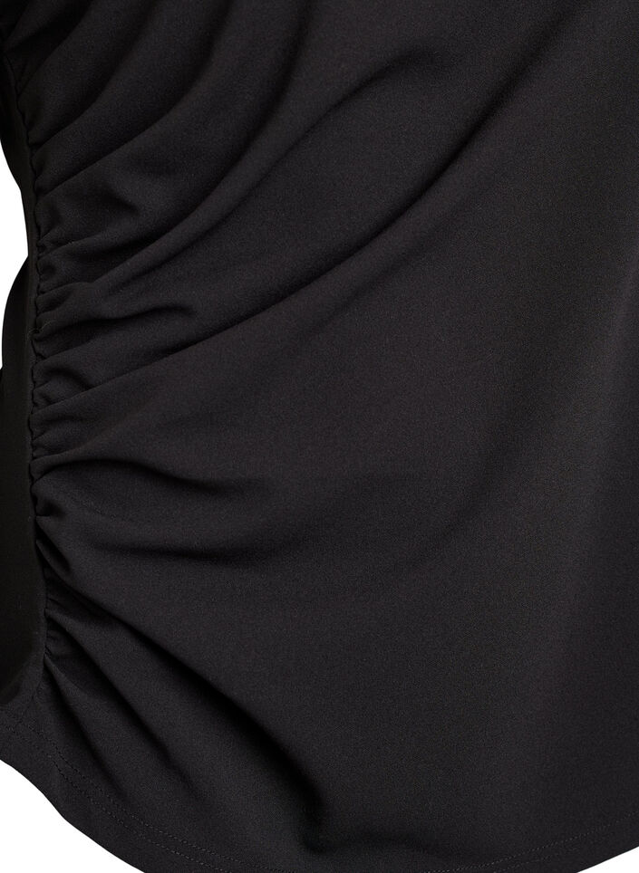 Bluzka z krótkim rekawem, z marszczeniami i asymetrycznym wycieciem na dole, Czarne, Packshot image number 3