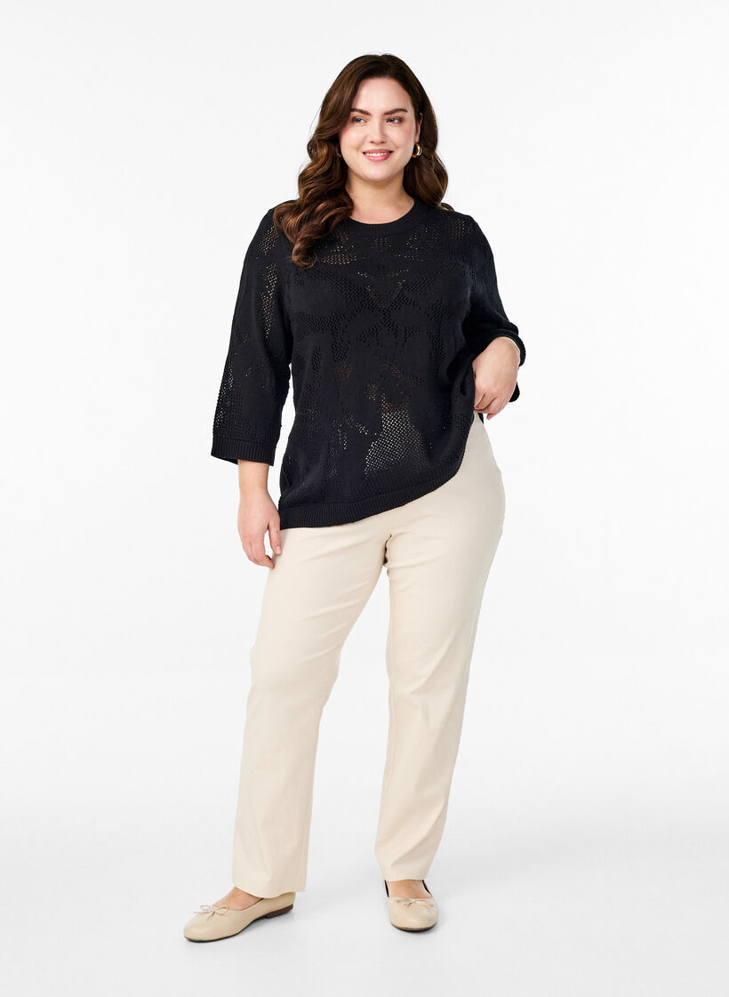 Dzianinowa bluzka z azurowym wzorem i rekawami 3/4, Black, Model image number 2