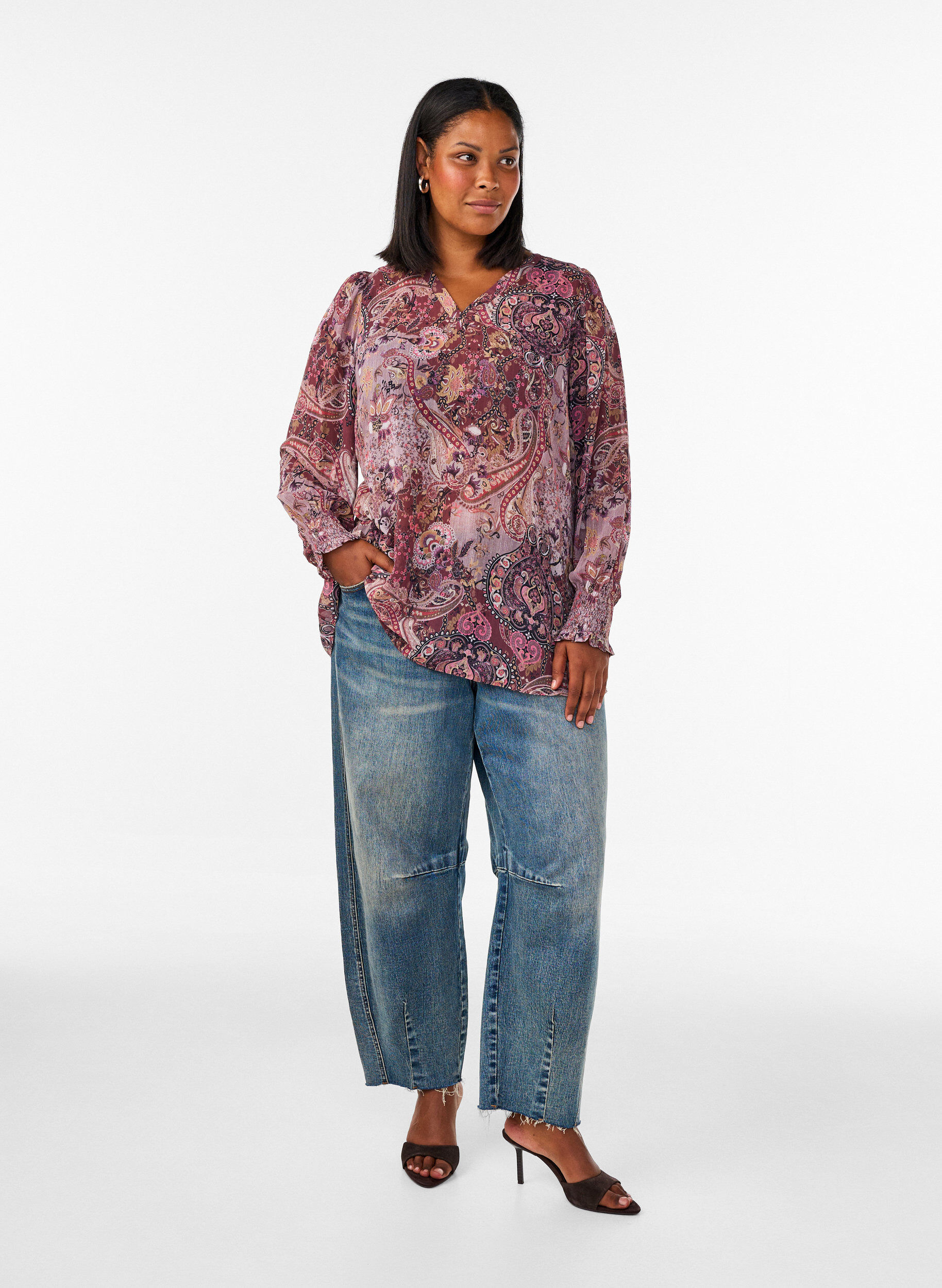 ZizziTunika z nadrukiem w stylu paisley i marszczonymi mankietami, R&oacute;żowy, Model image number 1