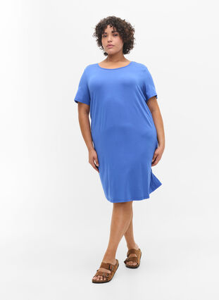 Wiskozowa sukienka z krótkim rekawem i detalem z tylu, Dazzling Blue, Model image number 3