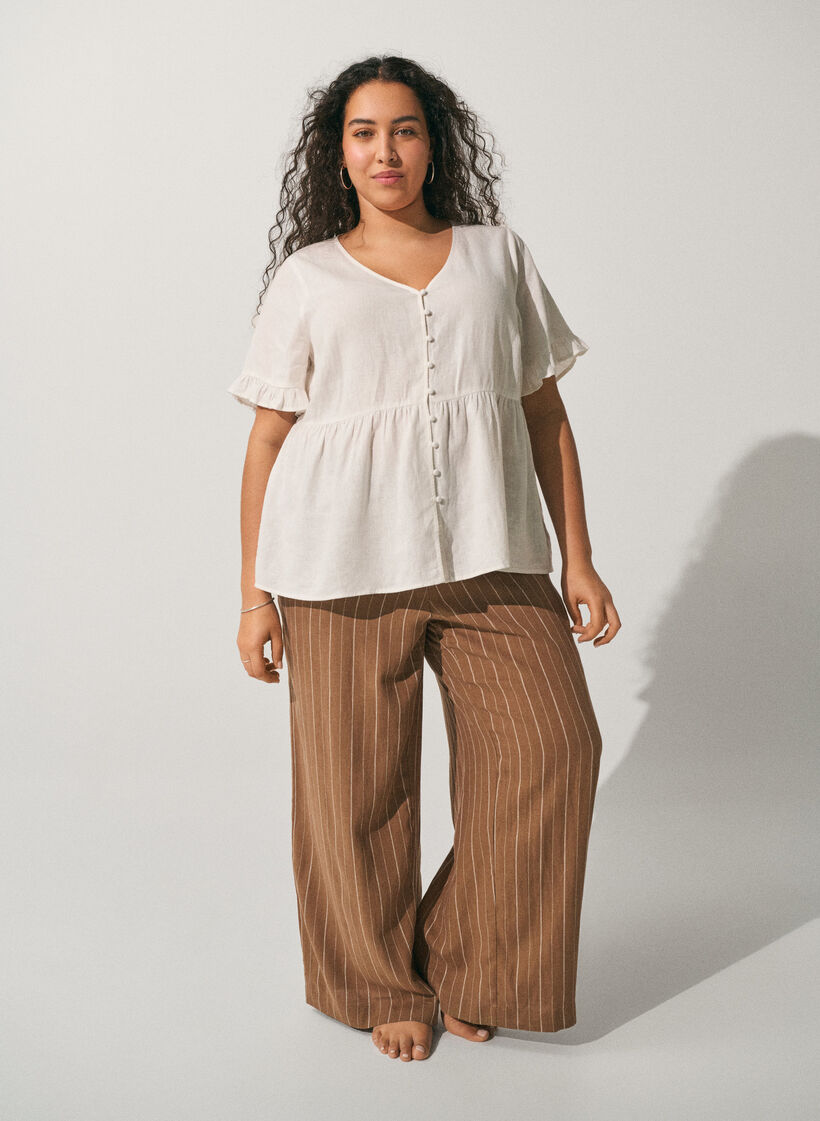 Bluzka z lnu i wiskozy z dekoltem w ksztalcie litery V i zapinaniem na guziki, Biały, Image image number 0