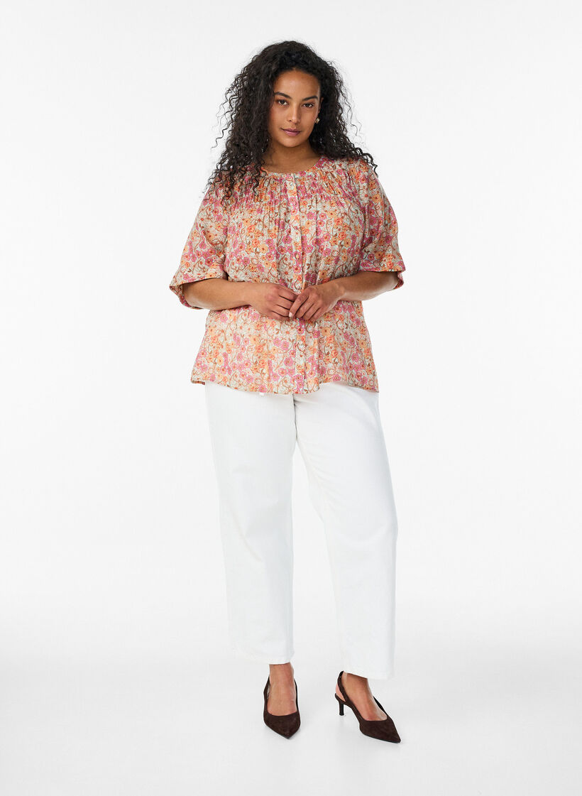 Bluzka z wiskozy w kwiatowy wz&oacute;r, Pomarańczowy, Model image number 1