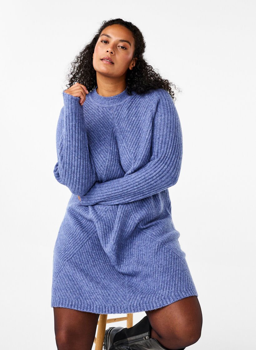 Krótka sukienka w prazki z okraglym dekoltem, Grey Blue Mel., Image image number 0