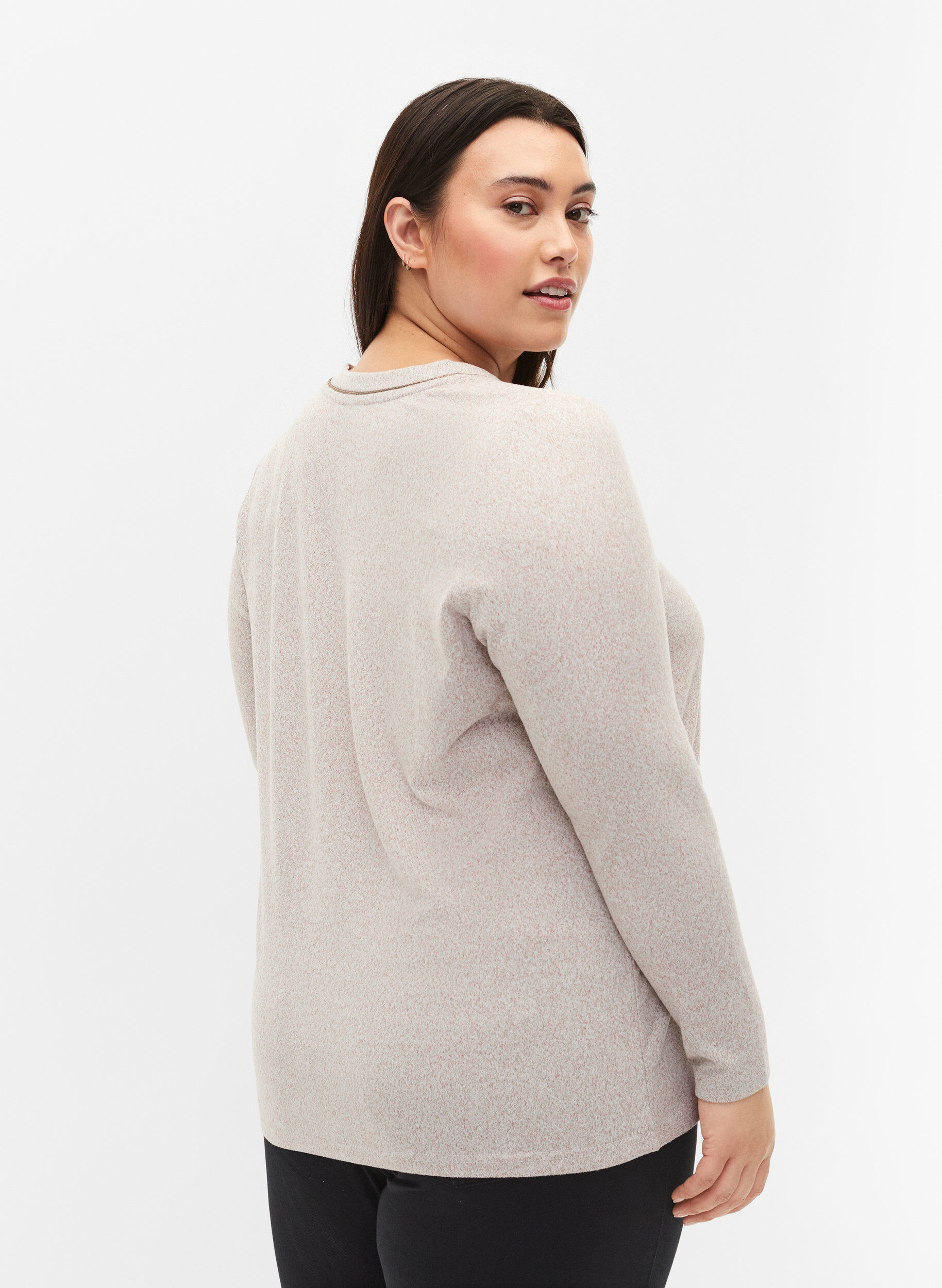 Zizzi Top with v-neck and long sleeves, Beige, Model image number 2