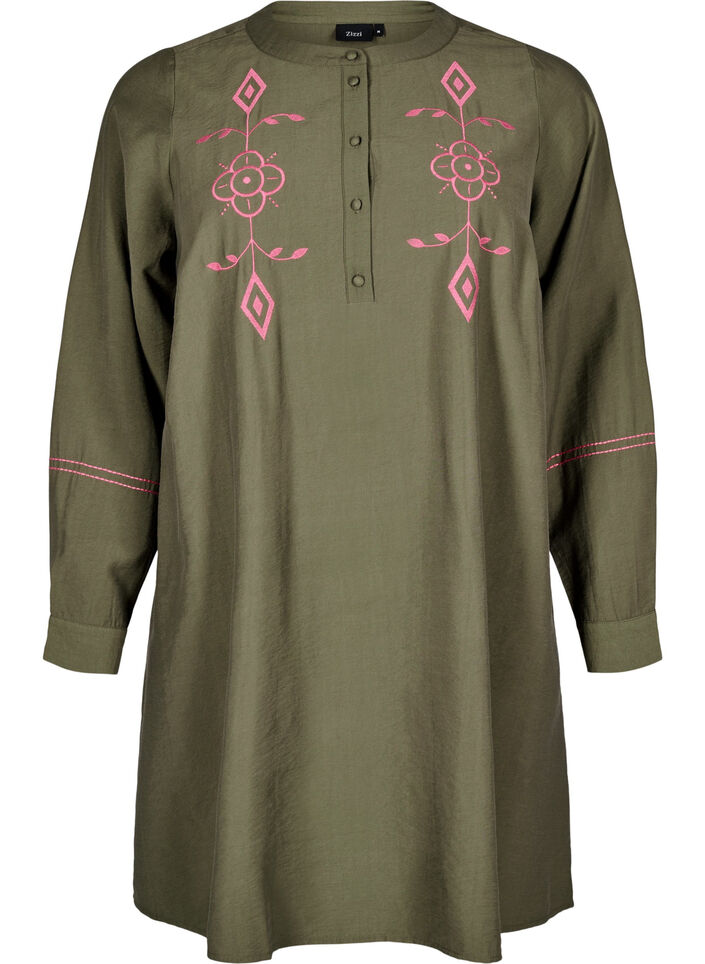 Krótka sukienka z kontrastowym haftem, Zielony, Packshot image number 0